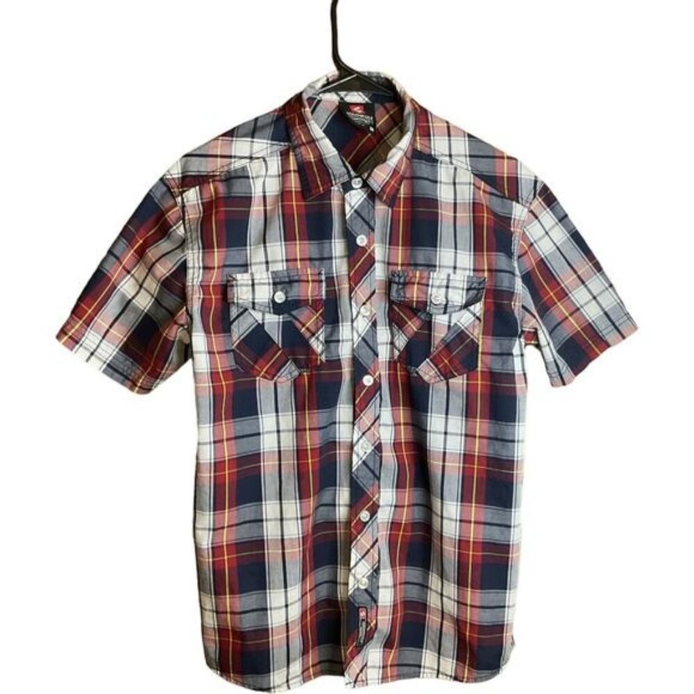 Southpole Mens Red & Navy Plaid Short Sleeve Shirt Button-Down Size M